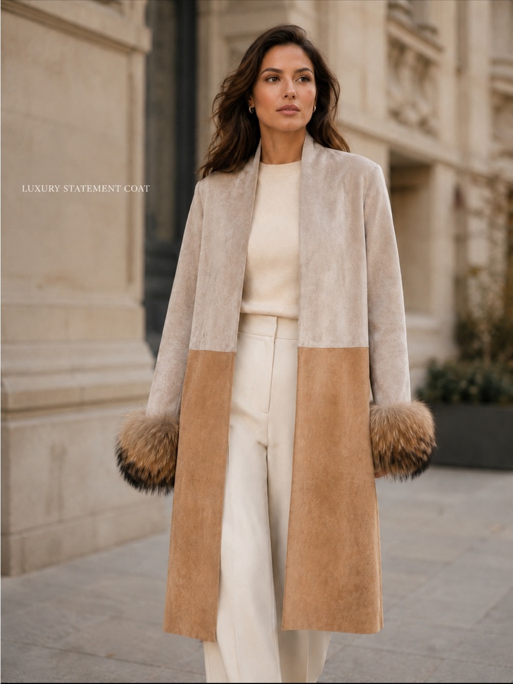 Two-Tone Faux Suede Trench Coat with Fur Cuffs - Beige/Camel